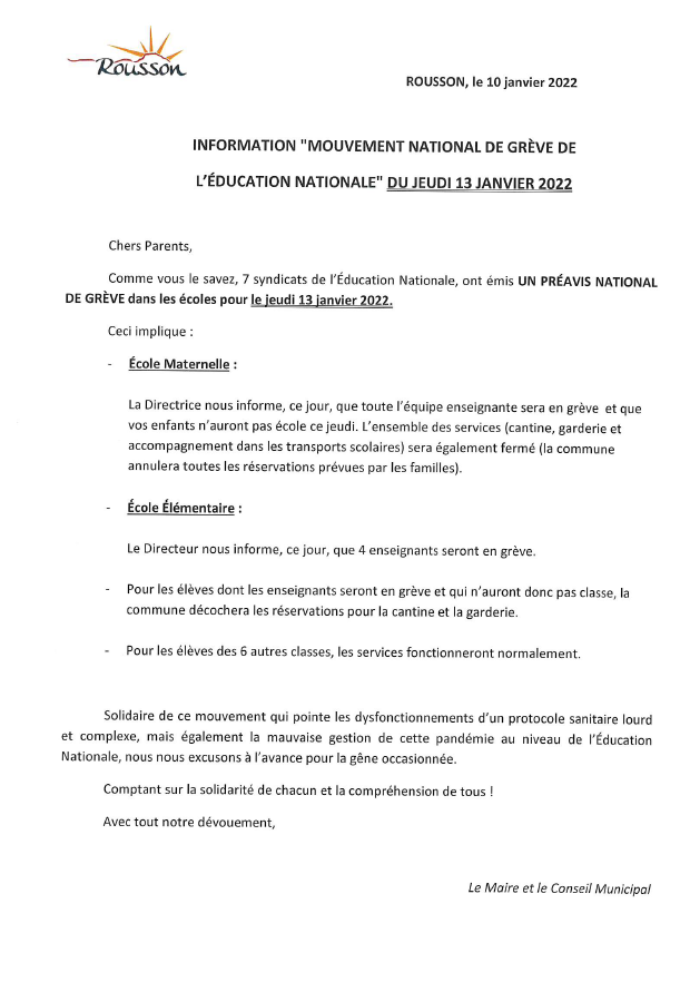 INFORMATION "MOUVEMENT NATIONAL DE GREVE DE L'EDUCATION NATIONALE" DU JEUDI 13 JANVIER 2022